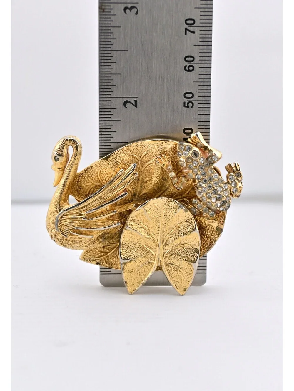 Vintage Kirks Folly Gold Tone Swan Brooch Pin Clear Rhinestone READ!